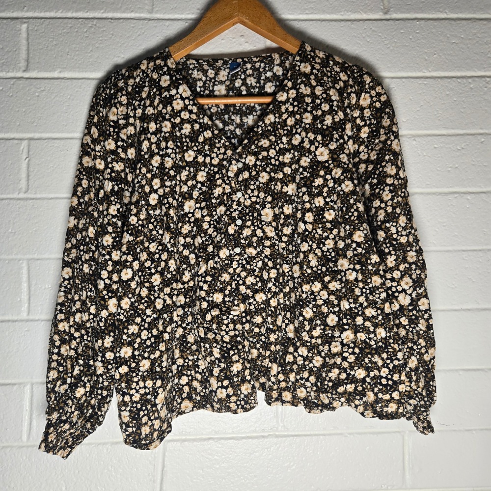 Old Navy Women Button Front Top Moody Floral 2X Smocked Boho Peasant Microfloral